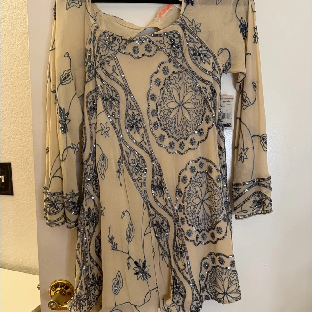 Free People Nude Dress with Navy Beaded Embroidery - Picture 1 of 9
